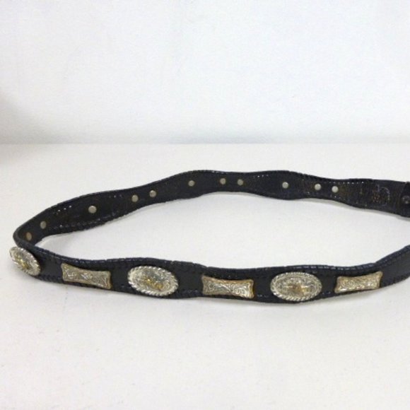 Vintage silver + gold concha tooled leather western belt 38 - Picture 5 of 7